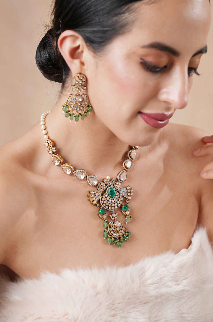 Oorvi Emerald Victorian Polki Long Necklace Set