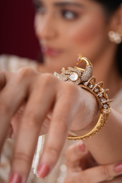 peacock motif pearl embellished polki kada