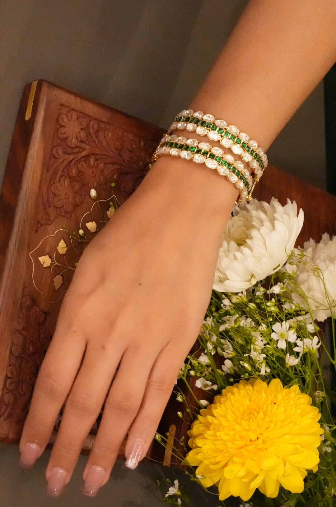 Ashni Emerald Polki Bangles- Set of 2