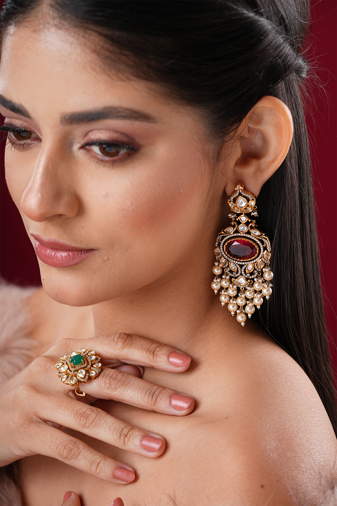 Iravati Red Polki Silver Earrings