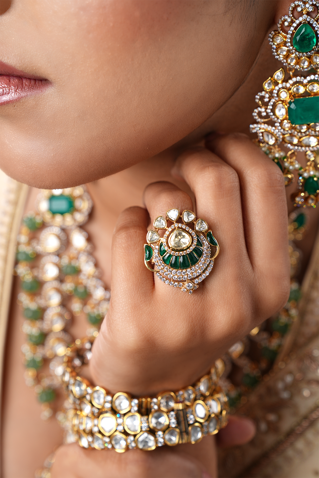 Mahek Green Polki Silver Ring