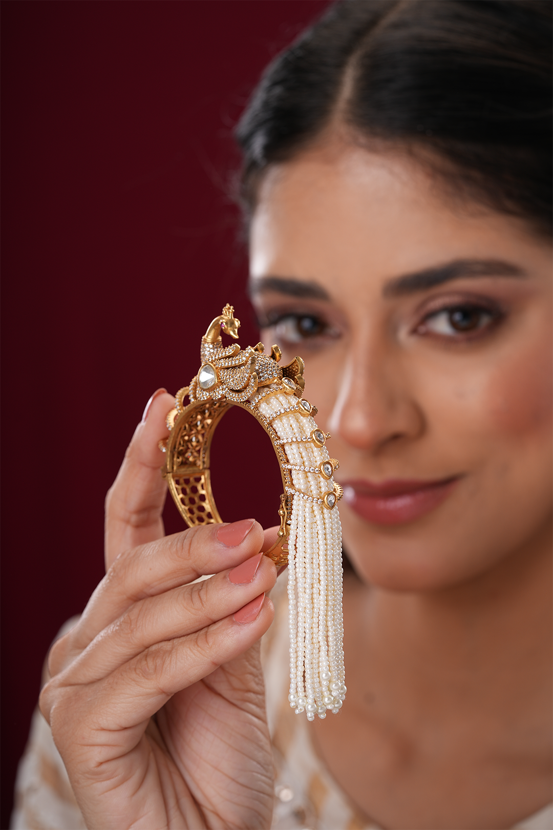 Peacock motif pearl embellished polki kada - Single