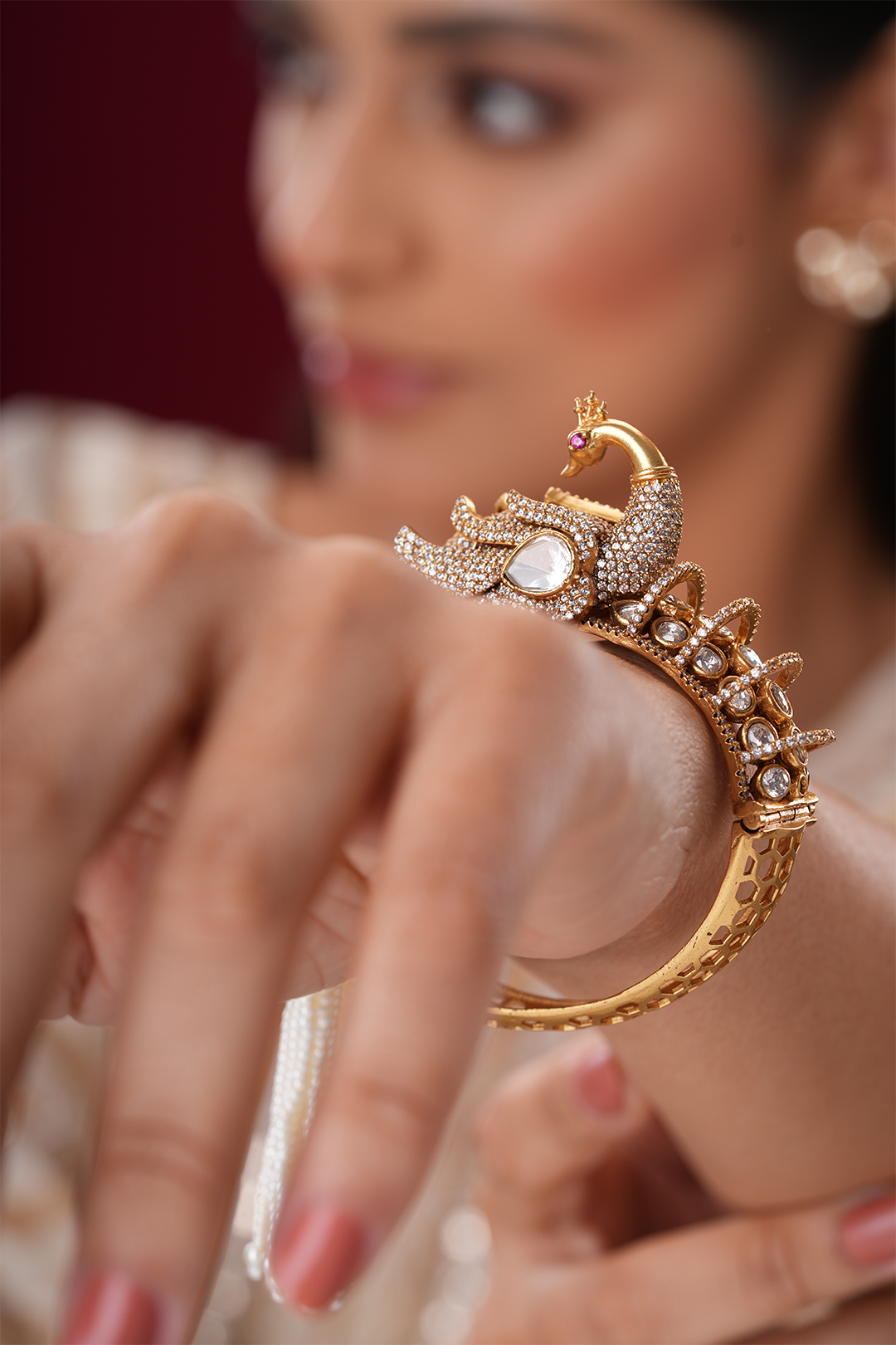 Peacock motif pearl embellished polki kada - Single