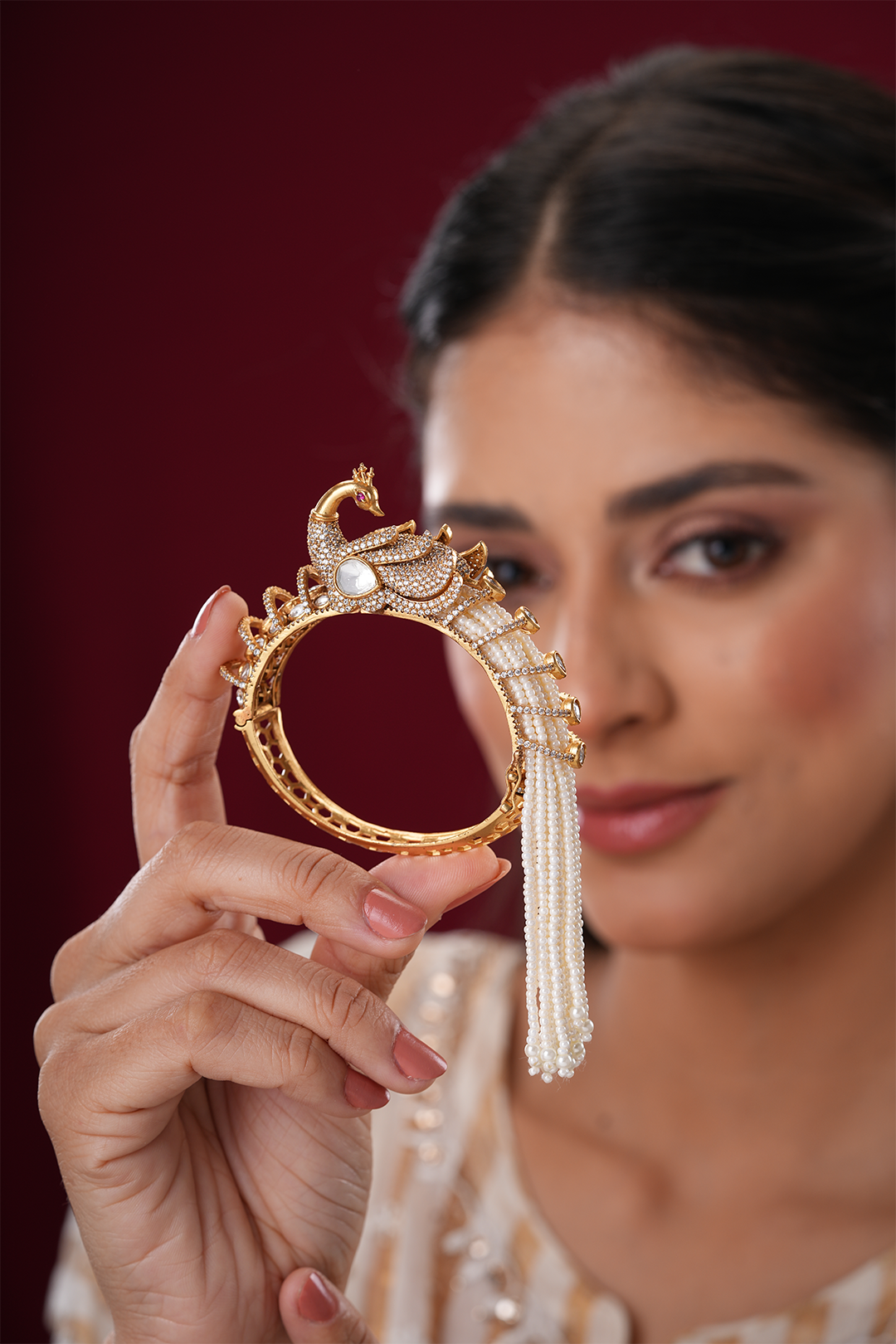 Peacock motif pearl embellished polki kada - Single