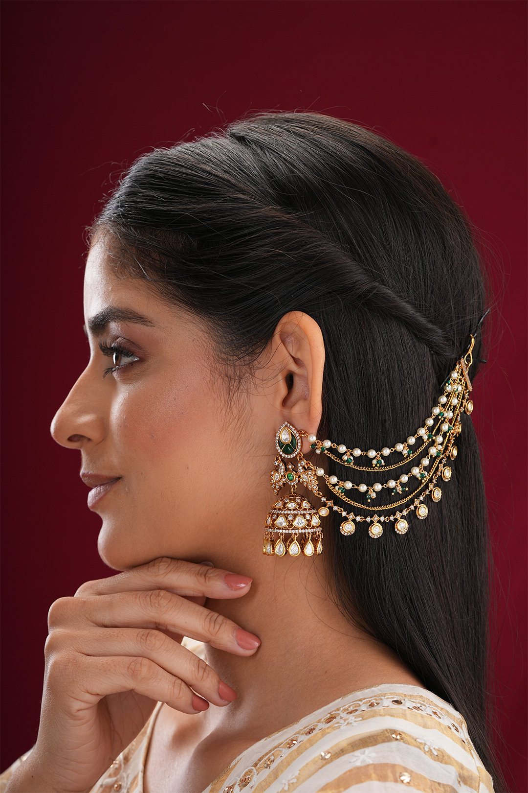 Rohini Green Kundan Kaanchain Earrings- Set of 2