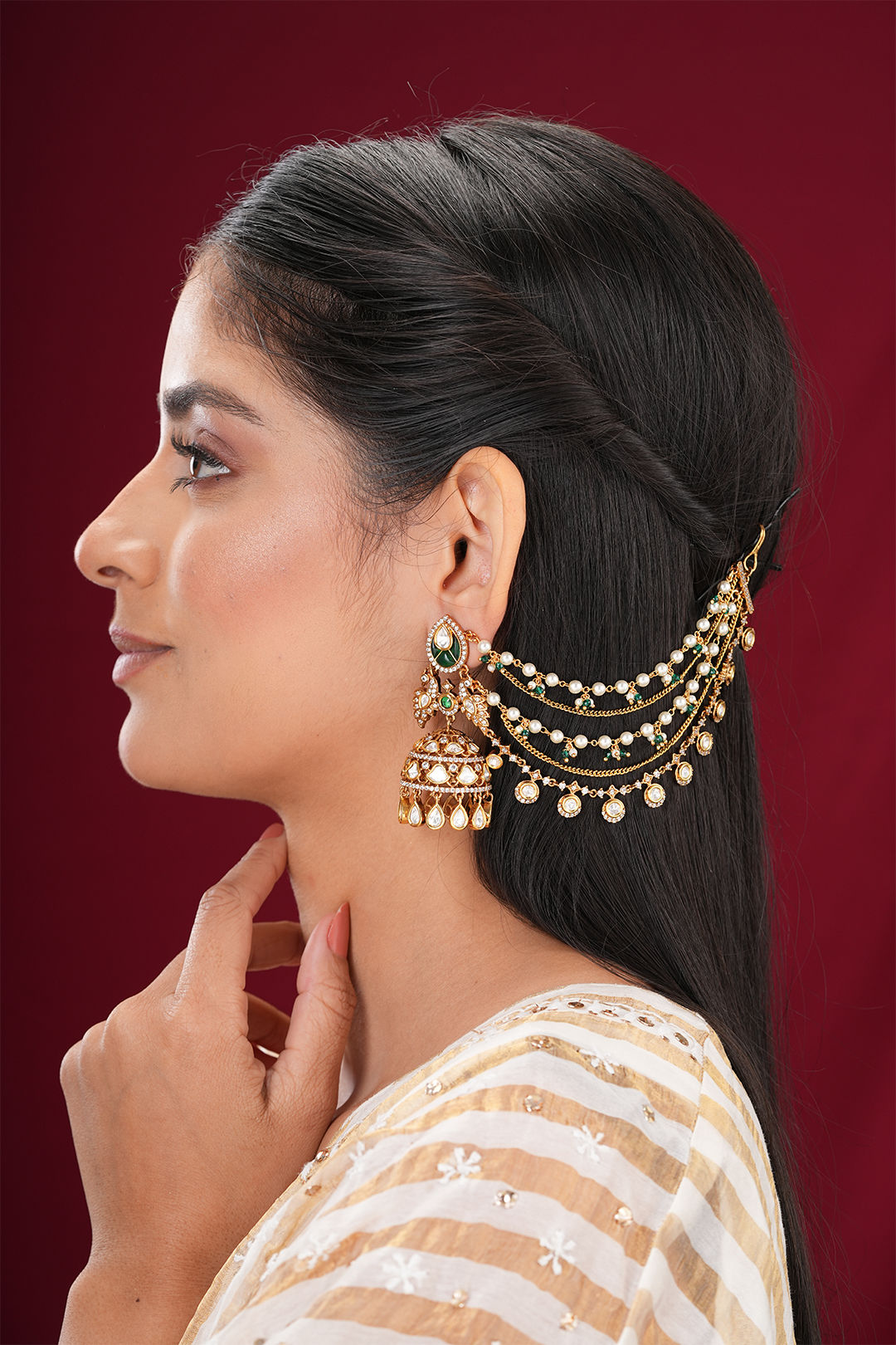 Rohini Green Kundan Kaanchain Earrings- Set of 2