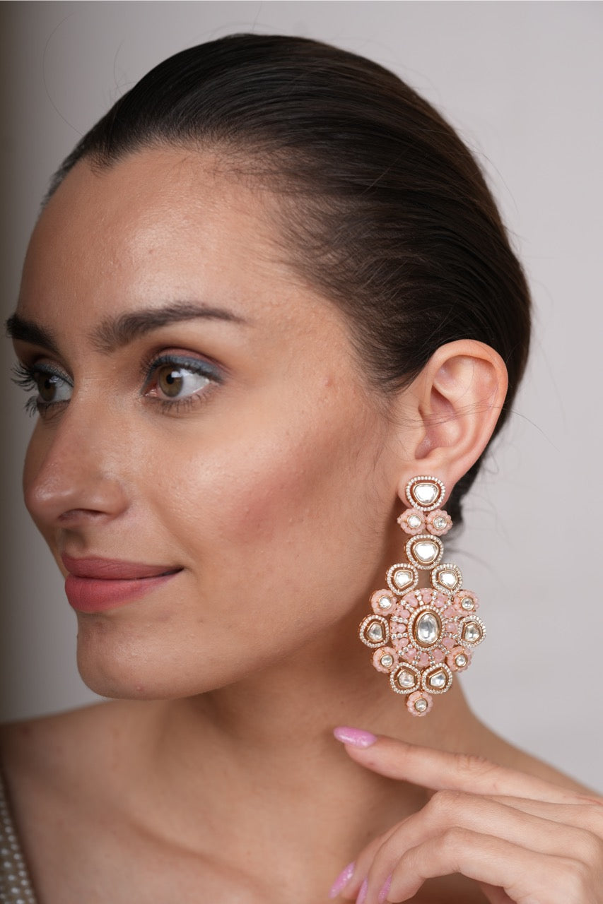 Hiral Rose Pink Polki Earrings with Jaipur Beads