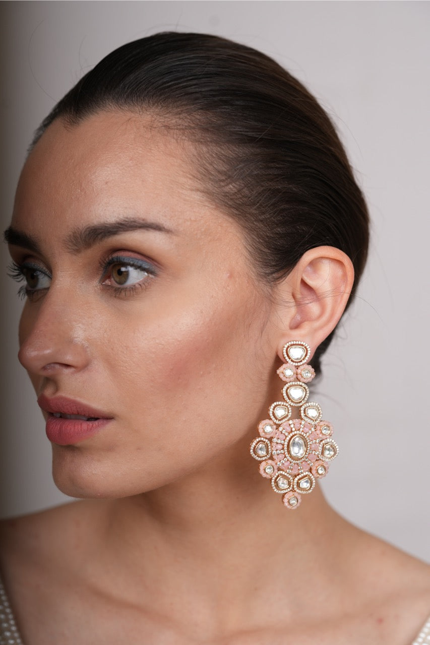 Hiral Rose Pink Polki Earrings with Jaipur Beads