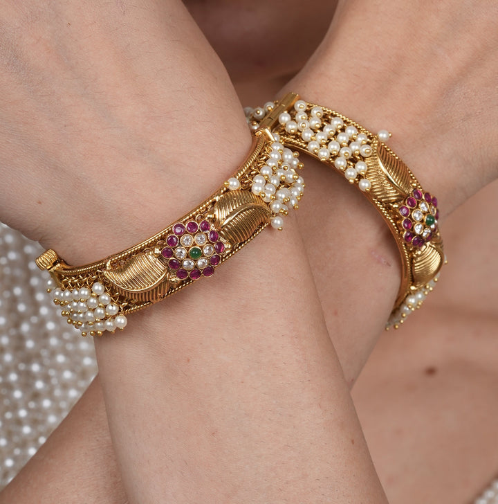 Leila Floral Gold and Pearls Bangles