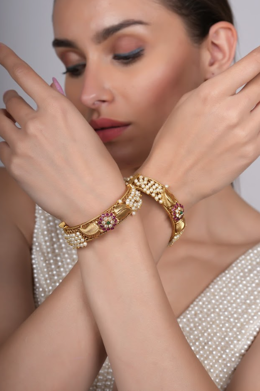 Leila Floral Gold and Pearls Bangles
