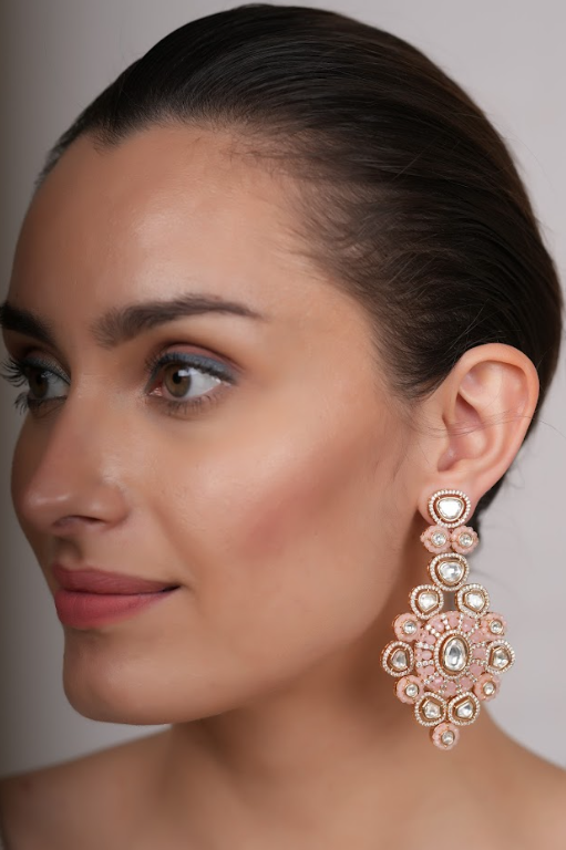 Hiral Rose Pink Polki Earrings with Jaipur Beads